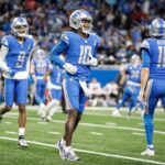 Lions quarterback Teddy Bridgewater warms up before the NFC divisional playoff game between the Lions and Buccaneers at Ford Field on Sunday, Jan, 21, 2024.