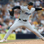 May 28, 2024; San Diego, California, USA; Miami Marlins starting pitcher Jesus Luzardo (44) throws a pitch during the first inning against the San Diego Padres at Petco Park. Mandatory Credit: David Frerker-USA TODAY Sports