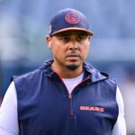 Aug 17, 2024; Chicago, Illinois, USA; Chicago Bears general manager Ryan Poles looks on before the game against the Cincinnati Bengals at Soldier Field. Mandatory Credit: Daniel Bartel-USA TODAY Sports
