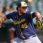 Aug 24, 2024; Oakland, California, USA; Milwaukee Brewers pitcher Bryse Wilson (46) throws a pitch against the Oakland Athletics during the ninth inning at Oakland-Alameda County Coliseum. Mandatory Credit: Robert Edwards-USA TODAY Sports