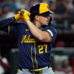 Sep 13, 2024; Phoenix, Arizona, USA; Milwaukee Brewers shortstop Willy Adames (27) bats against the Arizona Diamondbacks during the first inning at Chase Field. Mandatory Credit: Joe Camporeale-Imagn Images