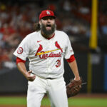 Sep 17, 2024; St. Louis, Missouri, USA; St. Louis Cardinals starting pitcher Lance Lynn (31) reacts after inning ending double play against the Pittsburgh Pirates during the fifth inning at Busch Stadium. Mandatory Credit: Jeff Curry-Imagn Images