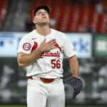 Sep 17, 2024; St. Louis, Missouri, USA; St. Louis Cardinals relief pitcher Ryan Helsley (56) reacts after closing out the ninth inning in a victory over the Pittsburgh Pirates at Busch Stadium. Mandatory Credit: Jeff Curry-Imagn Images