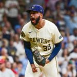 Sep 18, 2024; Milwaukee, Wisconsin, USA; Milwaukee Brewers pitcher Devin Williams (38) reacts after pitching in the ninth inning against the Philadelphia Phillies at American Family Field. Mandatory Credit: Benny Sieu-Imagn Images