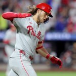 Sep 20, 2024; New York City, New York, USA; Philadelphia Phillies third baseman Alec Bohm (28) rounds the bases after hitting a three run home run against the New York Mets during the fourth inning at Citi Field. Mandatory Credit: Brad Penner-Imagn Images