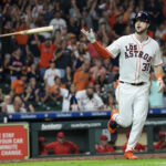Sep 21, 2024; Houston, Texas, USA; Houston Astros right fielder Kyle Tucker (30) flicks his bat after hitting a home run against the Los Angeles Angels in the seventh inning at Minute Maid Park.