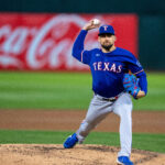 Sep 24, 2024; Oakland, California, USA; Texas Rangers starting pitcher Nathan Eovaldi (17) delivers a pitch against the Oakland Athletics during the first inning at Oakland-Alameda County Coliseum. Mandatory Credit: Neville E. Guard-Imagn Images