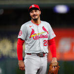 Sep 25, 2024; Denver, Colorado, USA; St. Louis Cardinals third base Nolan Arenado (28) reacts in the third inning against the Colorado Rockies at Coors Field. Mandatory Credit: Ron Chenoy-Imagn Images