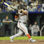 Sep 20, 2024; Kansas City, Missouri, USA; San Francisco Giants designated hitter Michael Conforto (8) bats during the eighth inning against the Kansas City Royals at Kauffman Stadium. Mandatory Credit: Jay Biggerstaff-Imagn Images - Dodgers