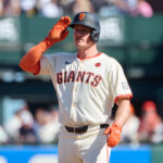 Sep 28, 2024; San Francisco, California, USA; San Francisco Giants infielder Matt Chapman (26) salutes the Giants dugout after hitting a double against the St. Louis Cardinals during the sixth inning at Oracle Park. Mandatory Credit: Robert Edwards-Imagn Images