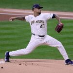 Milwaukee Brewers pitcher Frankie Montas (47) throws during the first inning of their wild-card playoff game against the New York Mets Wednesday, October 2, 2024 at American Family Field in Milwaukee, Wisconsin.