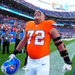 Oct 6, 2024; Denver, Colorado, USA; Denver Broncos offensive tackle Garett Bolles (72) celebrates following the game against the Las Vegas Raiders at Empower Field at Mile High. Mandatory Credit: Ron Chenoy-Imagn Images