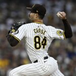 Oct 9, 2024; San Diego, California, USA; San Diego Padres pitcher Dylan Cease (84) throws in the first inning against the Los Angeles Dodgers during game four of the NLDS for the 2024 MLB Playoffs at Petco Park. Mandatory Credit: Denis Poroy-Imagn Images