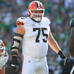 Oct 13, 2024; Philadelphia, Pennsylvania, USA; Cleveland Browns guard Joel Bitonio (75) against the Philadelphia Eagles at Lincoln Financial Field. Mandatory Credit: Eric Hartline-Imagn Images