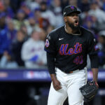 Oct 16, 2024; New York City, New York, USA; New York Mets pitcher Luis Severino (40) reacts after an out against the Los Angeles Dodgers in the fifth inning during game three of the NLCS for the 2024 MLB playoffs at Citi Field. Mandatory Credit: Brad Penner-Imagn Images