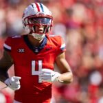 Oct 19, 2024; Tucson, Arizona, USA; Arizona Wildcats wide receiver Tetairoa McMillan (4) against the Colorado Buffalos at Arizona Stadium. Mandatory Credit: Mark J. Rebilas-Imagn Images