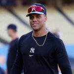 Oct 24, 2024; Los Angeles, CA, USA; New York Yankees outfielder Juan Soto (22) on the field during workout day at Dodger Stadium. Mandatory Credit: Kiyoshi Mio-Imagn Images - Soto