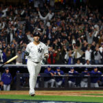 Oct 29, 2024; Bronx, New York, USA; New York Yankees second baseman Gleyber Torres (25) reacts after hitting a three run home run against the Los Angeles Dodgers in the eighth inning during game four of the 2024 MLB World Series at Yankee Stadium. Mandatory Credit: Vincent Carchietta-Imagn Images
