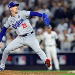 Oct 30, 2024; New York, New York, USA; Los Angeles Dodgers pitcher Walker Buehler (21) pitches during the ninth inning against the New York Yankees in game four of the 2024 MLB World Series at Yankee Stadium. Mandatory Credit: Brad Penner-Imagn Images