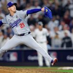 Oct 30, 2024; New York, New York, USA; Los Angeles Dodgers pitcher Walker Buehler (21) pitches during the ninth inning against the New York Yankees in game four of the 2024 MLB World Series at Yankee Stadium. Mandatory Credit: Brad Penner-Imagn Images