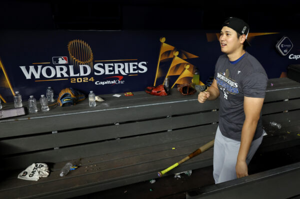 Oct 30, 2024; New York, New York, USA; Los Angeles Dodgers designated hitter Shohei Ohtani (17) celebrates after winning the 2024 MLB World Series against the New York Yankees at Yankee Stadium.