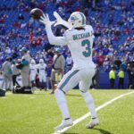 Nov 3, 2024; Orchard Park, New York, USA; Miami Dolphins wide receiver Odell Beckham Jr. (3) warms up prior to the game at Highmark Stadium. Mandatory Credit: Gregory Fisher-Imagn Images
