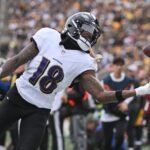 Nov 17, 2024; Pittsburgh, Pennsylvania, USA; Baltimore Ravens wide receiver Diontae Johnson (18) reaches for an incomplete pass against the Pittsburgh Steelers during the first quarter at Acrisure Stadium. Mandatory Credit: Barry Reeger-Imagn Images