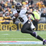 Nov 17, 2024; Pittsburgh, Pennsylvania, USA; Baltimore Ravens quarterback Lamar Jackson (8) runs the ball against the Pittsburgh Steelers during the first quarter at Acrisure Stadium. Mandatory Credit: Charles LeClaire-Imagn Images MVPs NFL