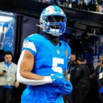 Detroit Lions running back David Montgomery (5) takes the field warm up before the game between Detroit Lions and Chicago Bears at Ford Field in Detroit on Thursday, Nov. 28, 2024. (Foto: Junfu Han-USA Today Sports via Imagn Images)