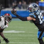Dec 1, 2024; Charlotte, North Carolina, USA; Carolina Panthers wide receiver Adam Thielen (19) makes a one handed catch defended by Tampa Bay Buccaneers safety Antoine Winfield Jr. (31) during the second half at Bank of America Stadium. Mandatory Credit: Jim Dedmon-Imagn Images