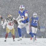 NFL: San Francisco 49ers at Buffalo Bills. Dec 1, 2024; Orchard Park, New York, USA; Buffalo Bills quarterback Josh Allen (17) runs for a touchdown against the San Francisco 49ers in the fourth quarter at Highmark Stadium. Mandatory Credit: Mark Konezny-Imagn Images