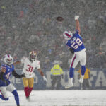 Dec 1, 2024; Orchard Park, New York, USA; Buffalo Bills linebacker Matt Milano (58) leaps for a pass against the San Francisco 49ers during the second half at Highmark Stadium. Mandatory Credit: Gregory Fisher-Imagn Images