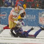 Bills Terrel Bernard tackles 49ers Christian McCaffrey during first half action of their home game against the San Francisco 49ers in Orchard Park on Dec. 1, 2024.