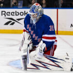 Dec 2, 2024; New York, New York, USA; New York Rangers goaltender Igor Shesterkin (31) makes a save against the New Jersey Devils during the third period at Madison Square Garden.