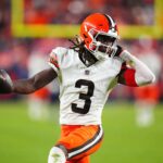 Dec 2, 2024; Denver, Colorado, USA; Cleveland Browns wide receiver Jerry Jeudy (3) scores a touchdown in the third quarter against the Denver Broncos at Empower Field at Mile High. Mandatory Credit: Ron Chenoy-Imagn Images