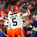 Dec 2, 2024; Denver, Colorado, USA; Cleveland Browns quarterback Jameis Winston (5) passes the ball in the second half against the Denver Broncos at Empower Field at Mile High. Mandatory Credit: Ron Chenoy-Imagn Images