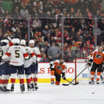 Dec 5, 2024; Philadelphia, Pennsylvania, USA; Florida Panthers center Sam Reinhart (13) celebrates his goal with teammates against the Philadelphia Flyers during the third period at Wells Fargo Center. Mandatory Credit: Eric Hartline-Imagn Images