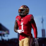 Dec 8, 2024; Santa Clara, California, USA; San Francisco 49ers wide receiver Deebo Samuel Sr. (1) walks on the field before the start of the game against the Chicago Bears at Levi's Stadium.