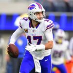 Dec 8, 2024; Inglewood, California, USA; Buffalo Bills quarterback Josh Allen (17) runs the ball against the against the Los Angeles Rams during the first half at SoFi Stadium.