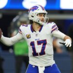 Dec 8, 2024; Inglewood, California, USA; Buffalo Bills quarterback Josh Allen (17) throws the ball against the Los Angeles Rams in the second half at SoFi Stadium. Mandatory Credit: Kirby Lee-Imagn Images