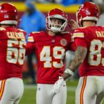 Dec 8, 2024; Kansas City, Missouri, USA; Kansas City Chiefs place kicker Matthew Wright (49) celebrates after kicking a game winning field goal as time expires against the Los Angeles Chargers at GEHA Field at Arrowhead Stadium.