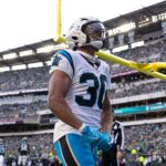Dec 8, 2024; Philadelphia, Pennsylvania, USA; Carolina Panthers running back Chuba Hubbard (30) reacts after his touchdown run against the Philadelphia Eagles at Lincoln Financial Field. Mandatory Credit: Bill Streicher-Imagn Images
