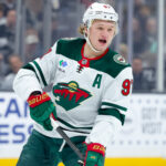 Dec 7, 2024; Los Angeles, California, USA; Minnesota Wild left wing Kirill Kaprizov (97) skates against the Los Angeles Kings during the first period at Crypto.com Arena. Mandatory Credit: Ryan Sun-Imagn Images