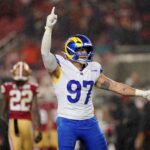 Dec 12, 2024; Santa Clara, California, USA; Los Angeles Rams linebacker Michael Hoecht (97) reacts after the Rams made a field goal against the San Francisco 49ers in the fourth quarter at Levi's Stadium. Mandatory Credit: Cary Edmondson-Imagn Images