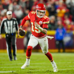 Dec 8, 2024; Kansas City, Missouri, USA; Kansas City Chiefs quarterback Patrick Mahomes (15) runs the ball during the second half against the Los Angeles Chargers at GEHA Field at Arrowhead Stadium. Mandatory Credit: Jay Biggerstaff-Imagn Images