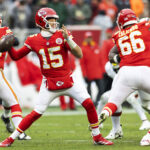 Dec 15, 2024; Cleveland, Ohio, USA; Kansas City Chiefs quarterback Patrick Mahomes (15) throws against the Cleveland Browns during the second quarter at Huntington Bank Field. Mandatory Credit: Scott Galvin-Imagn Images