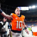 Dec 15, 2024; Denver, Colorado, USA; Denver Broncos quarterback Bo Nix (10) following the game against the Indianapolis Colts at Empower Field at Mile High.