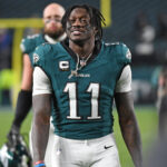 Dec 15, 2024; Philadelphia, Pennsylvania, USA; Philadelphia Eagles wide receiver A.J. Brown (11) smiles as he walks off the field after win against the Pittsburgh Steelers at Lincoln Financial Field. Mandatory Credit: Eric Hartline-Imagn Images