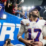 Buffalo Bills quarterback Josh Allen (17) exits the field after 48-42 win over Detroit Lions at Ford Field in Detroit on Sunday, Dec. 15, 2024.