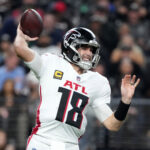 Dec 16, 2024; Paradise, Nevada, USA; Atlanta Falcons quarterback Kirk Cousins (18) throws the ball against the Las Vegas Raiders in the first half at Allegiant Stadium. Mandatory Credit: Kirby Lee-Imagn Images